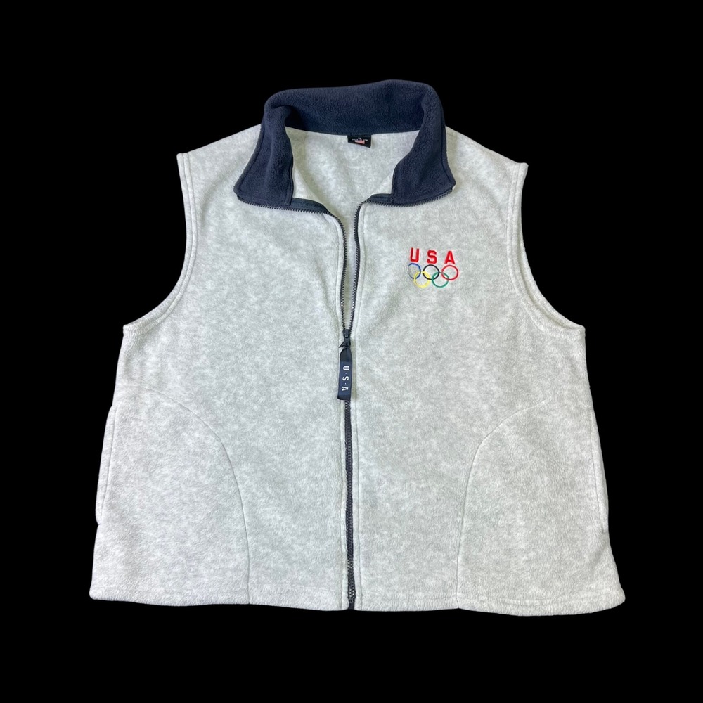 Vintage USA Olympics Fleece Vest Gray Navy Blue Full Zip Mens XL Made in USA